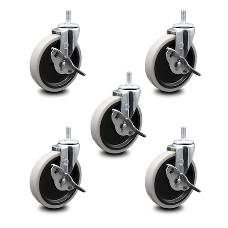 Service Caster 5 Inch Thermoplastic Wheel 5/16 Threaded Stem Caster Set with Brakes SCC, 5PK SCC-TS05S510-TPRS-SLB-5161815-5